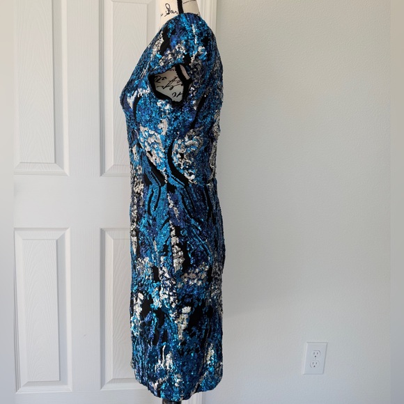 VTG CACHÉ Midi Dress Sequin Blue/Silver Zipped Closure Sz M Stunning Luxury - Picture 12 of 16